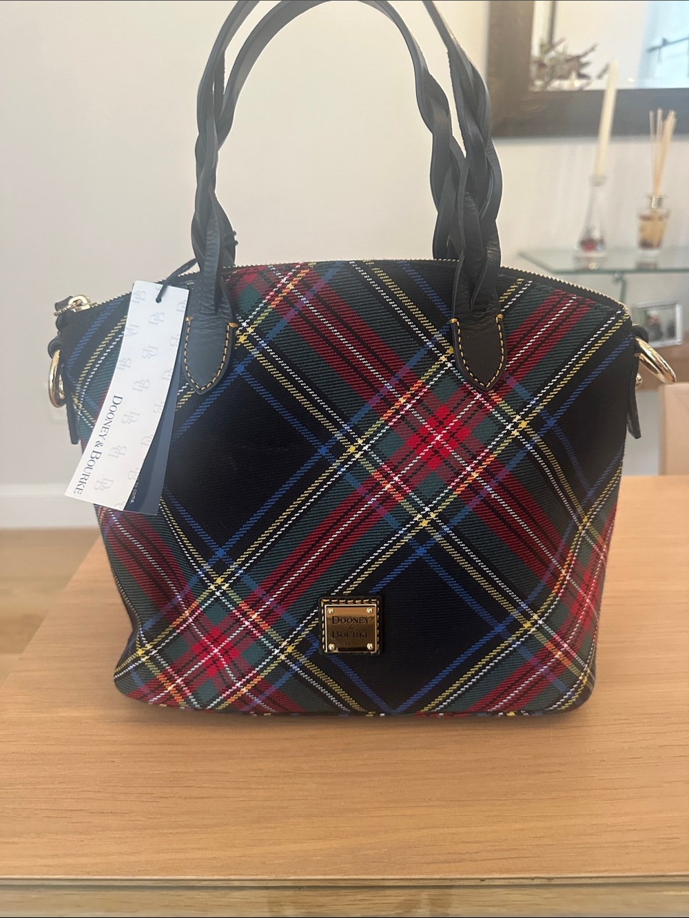 Dooney & Bourke Black Tartan Plaid Satchel with Red & Blue Accents